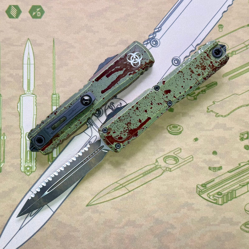 Microtech Ultratech ZBP Outbreak D/E Full Serrated Deep Engraved Signature Series 1122-3OBDS