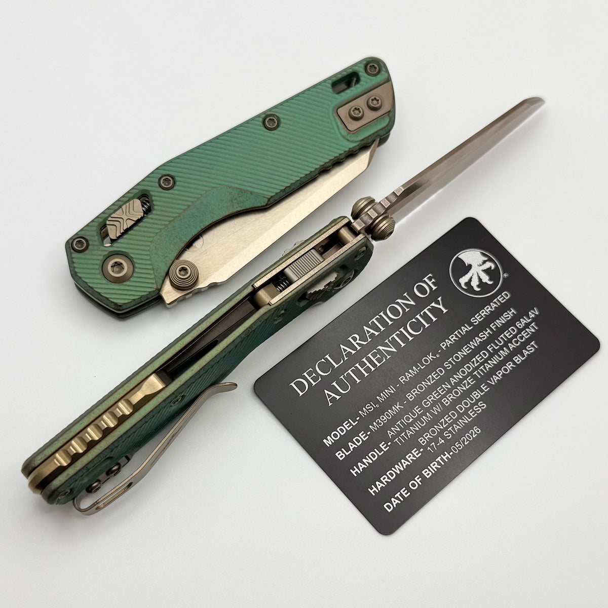 mi0ck6ey2mou0se  Microtech Marfione Select MSI RAM LOK Mini Fluted Antique Green w/ Bro