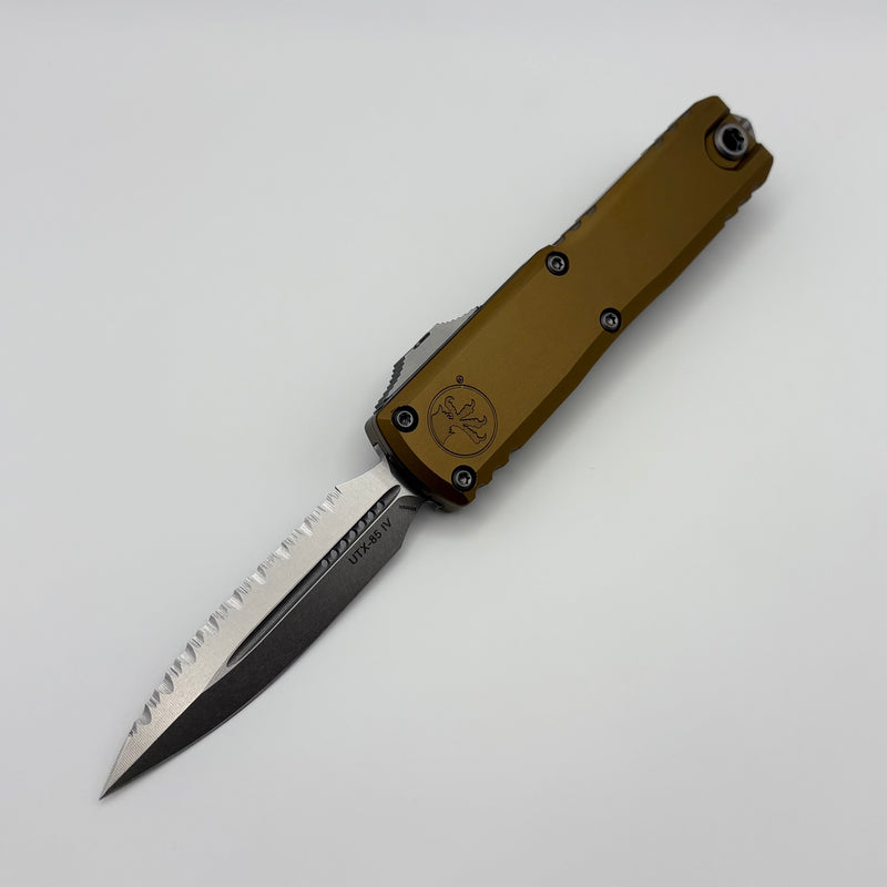 Microtech UTX-85 Gen IV w/ Tan Handle & Full Serrated Stonewash D/E M390MK 12324-12TA