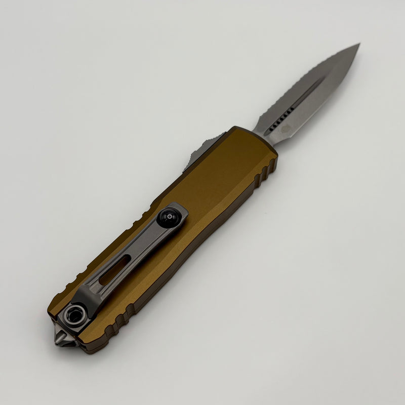 Microtech UTX-85 Gen IV w/ Tan Handle & Full Serrated Stonewash D/E M390MK 12324-12TA