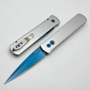 Pro-Tech Godfather Satin Silver Handle w/ Sapphire Blue Hardware & Sapphire Blue PVD 154-CM Blade