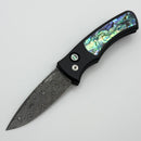 Pro-Tech Duke Custom Black Aluminum Handle w/ Mosaic Abalone Inlay/Button & Chad Nichols Raindrop Damascus