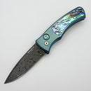 Pro-Tech Duke Custom Seafoam Green Titanium Handle w/ Mosaic Abalone Inlay/Button & Chad Nichols Raindrop Damascus