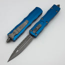 Microtech Dirac Double Edge Apocalyptic Full Serrated & Blue Handle 225-12APBL