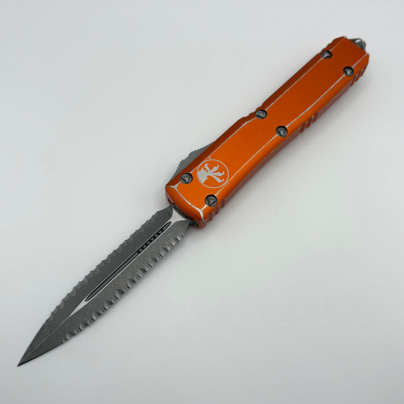 Pre-Owned Microtech Ultratech Double Edge Double Full Serrated Apocalyptic & Distressed Orange 122-D12DOR