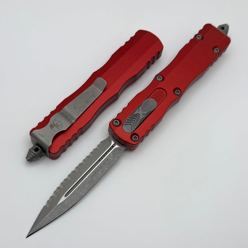 Microtech Dirac Double Edge Apocalyptic Full Serrated & Red Handle 225-12APRD
