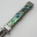 Marfione Custom Masterpiece Satin Stainless Body w/ Abalone Handles/Button Inlay & Hattori Cowry-y Damascus D/E & Swing Guards