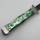 Marfione Custom Masterpiece Satin Stainless Body w/ Abalone Handles/Button Inlay & Hattori Cowry-y Damascus D/E & Swing Guards