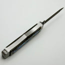 Marfione Custom Masterpiece Satin Stainless Body w/ Abalone Handles/Button Inlay & Hattori Cowry-y Damascus D/E & Swing Guards