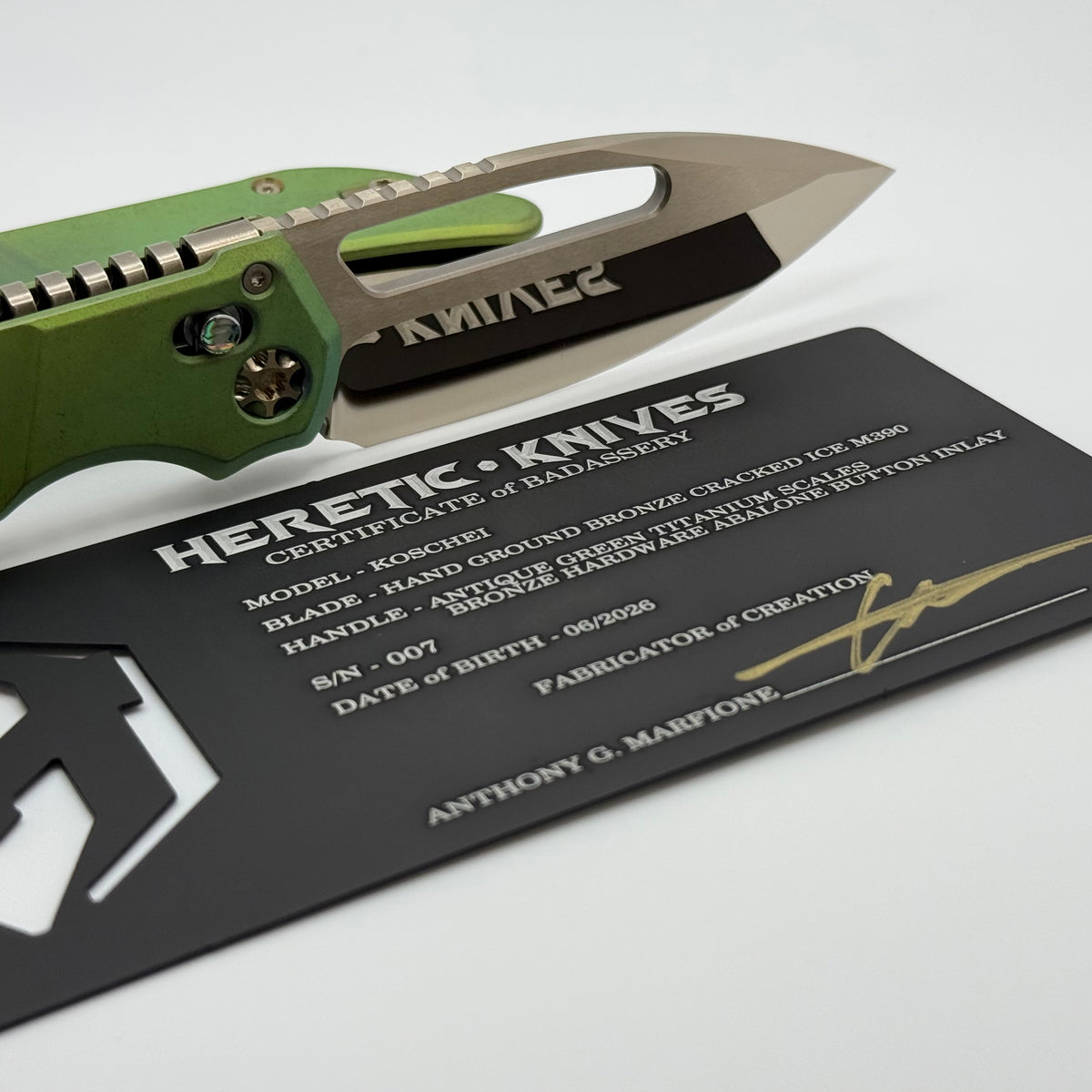 Heretic Custom Koschei Antique Green Titanium Handles & Bronze Cracked