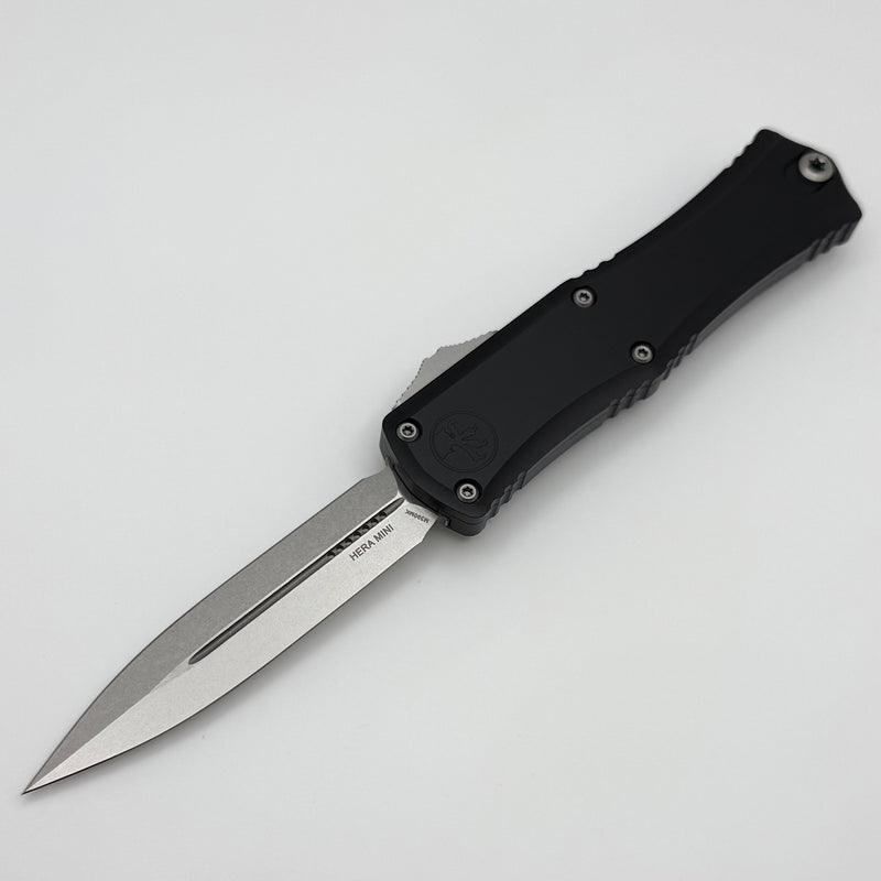Factory Blem Microtech Knives Mini Hera Stonewash Double Edge M390MK w/ Black Handle 1702M-10