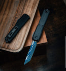 Microtech Marfione Select Ultratech ZBP Tanto Blued Baker Forge Icestorm Damascus w/ Hefted Black Handle 1123-16MS3