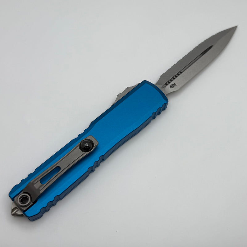 Factory Blem Microtech Ultratech Gen IV D/E Stonewash Full Serrated w/ Blue Handle 11224-12BL
