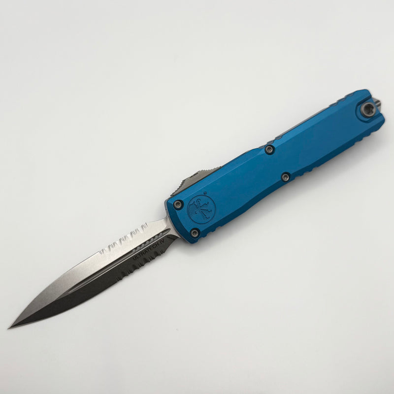 Grenade Blem Microtech Ultratech Gen IV D/E Stonewash Partial Serrated w/ Blue Handle 11224-11BL