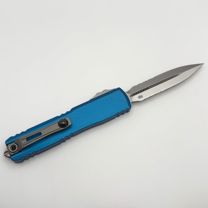 Grenade Blem Microtech Ultratech Gen IV D/E Stonewash Partial Serrated w/ Blue Handle 11224-11BL
