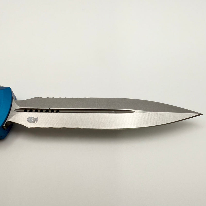 Grenade Blem Microtech Ultratech Gen IV D/E Stonewash Partial Serrated w/ Blue Handle 11224-11BL