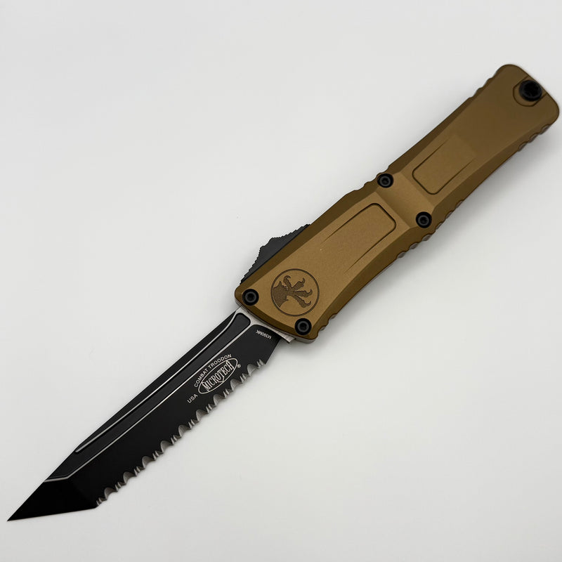 Grenade Blem Microtech Knives Combat Troodon Gen III Black Full Serrated Tanto w/ Tan Handle 1144-3TA