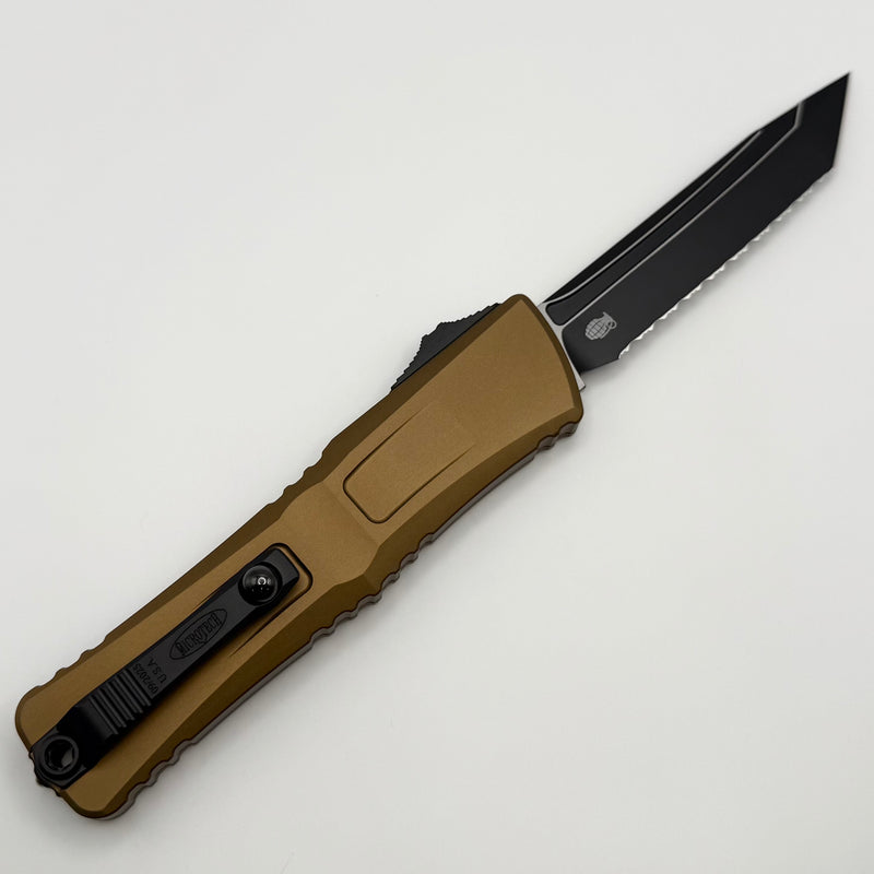 Grenade Blem Microtech Knives Combat Troodon Gen III Black Full Serrated Tanto w/ Tan Handle 1144-3TA
