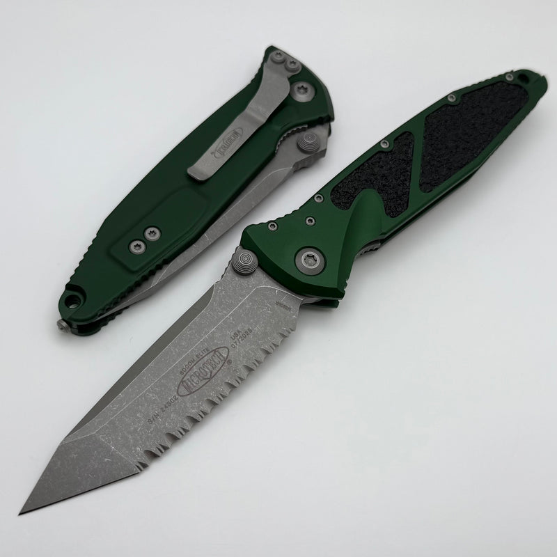 Microtech Socom Elite Manual Tanto Full Serrated Apocalyptic w/ Emerald Green Handle 161-12APEG