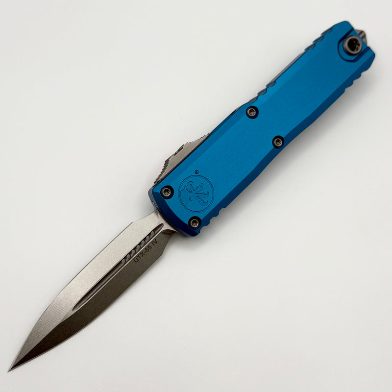 Grenade Blem Microtech UTX-85 Gen IV w/ Blue Handle & Stonewash D/E M390MK 12324-10BL