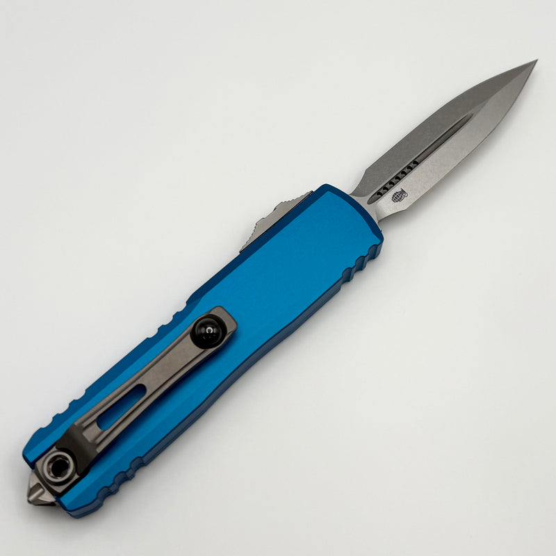 Grenade Blem Microtech UTX-85 Gen IV w/ Blue Handle & Stonewash D/E M390MK 12324-10BL