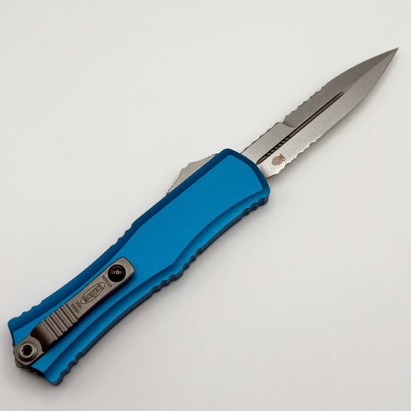 Factory Blem Microtech Knives Mini Hera Partial Serrated Stonewash Bayonet M390MK w/ Blue Handle 1701M-11BL