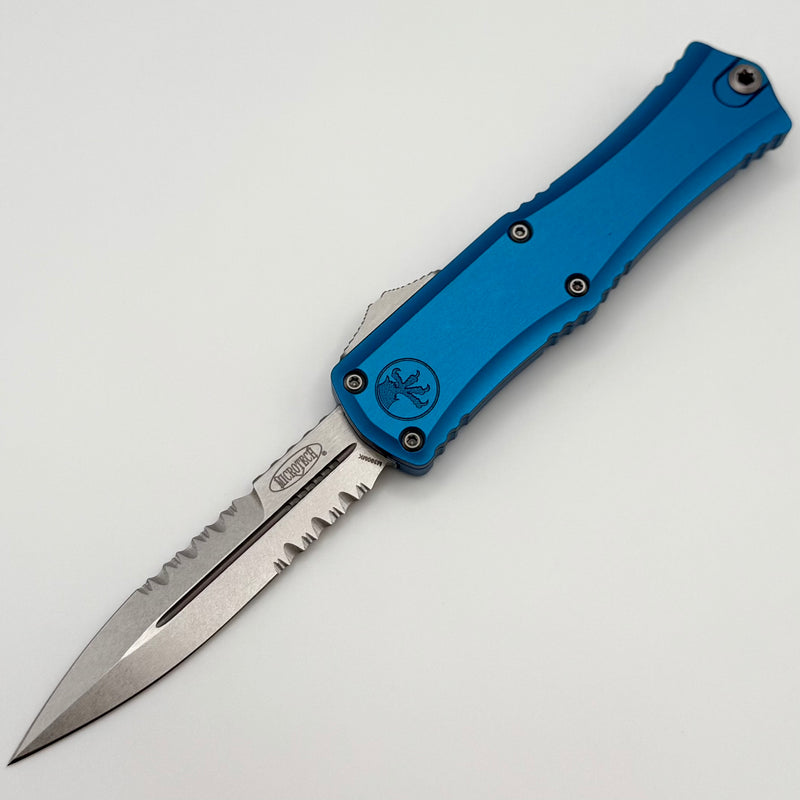 Factory Blem Microtech Knives Mini Hera Partial Serrated Stonewash Bayonet M390MK w/ Blue Handle 1701M-11BL