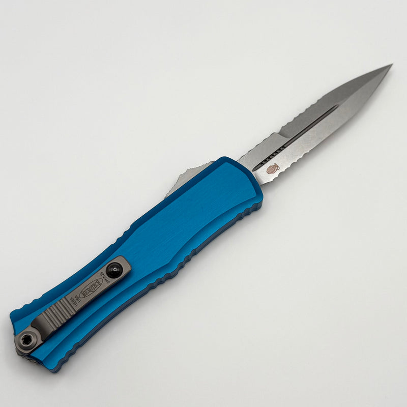 Factory Blem Microtech Knives Mini Hera Partial Serrated Stonewash Bayonet M390MK w/ Blue Handle 1701M-11BL