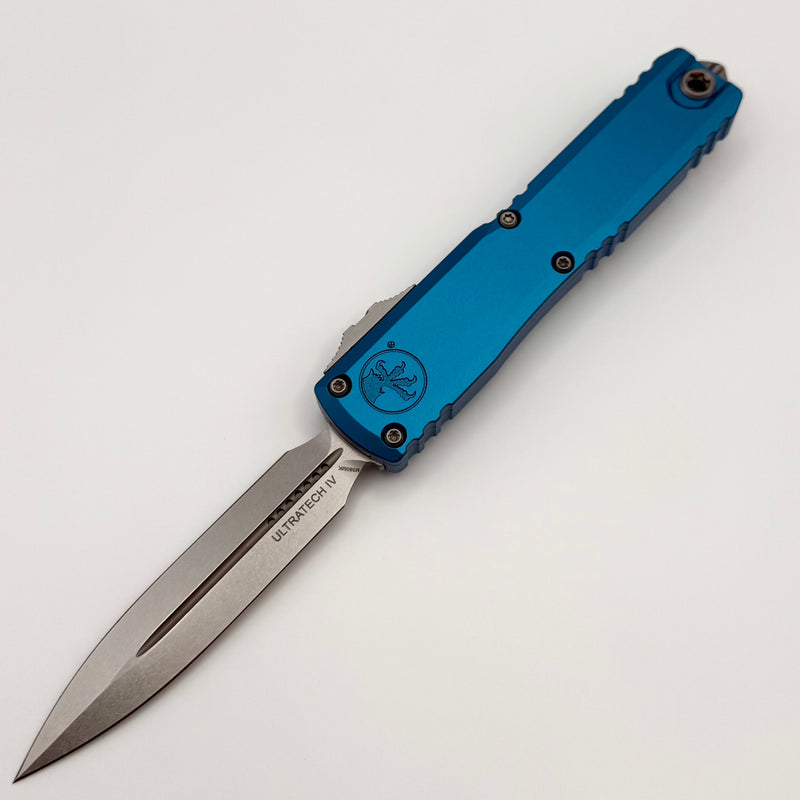 Grenade Blem Microtech Ultratech Gen IV D/E Stonewash Standard w/ Blue Handle 11224-10BL
