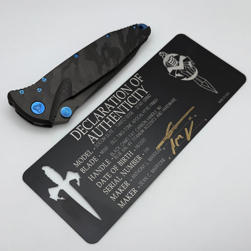 Marfione Custom Knives Socom Elite M/A Star Grind DLC Apocalyptic Tanto w/ Black Camo Carbon Handle & Blue Accents Consigned