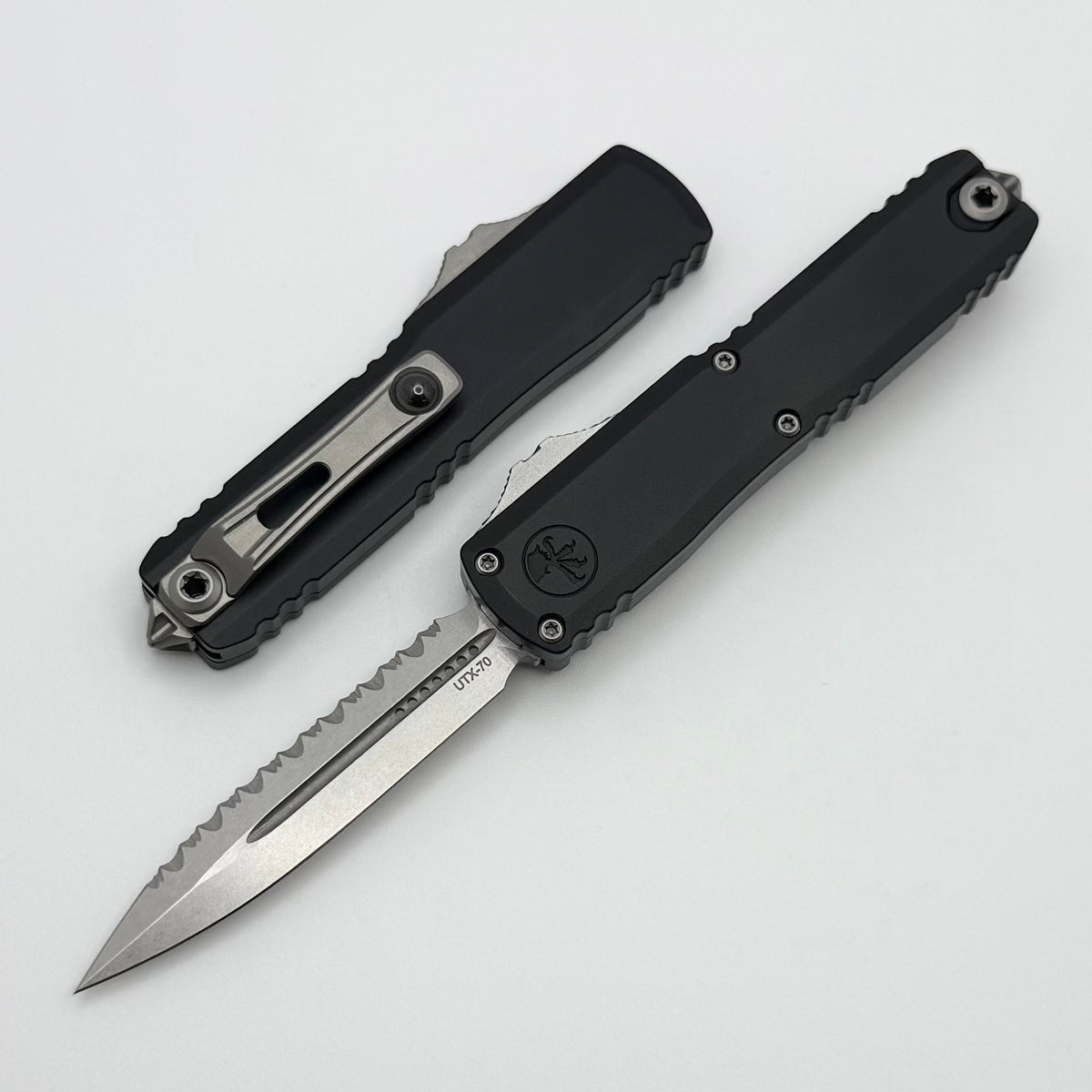 Microtech UTX-70 Gen IV w/ Black Handle & D/E Full Serrated Stonewash