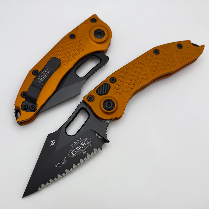 Microtech Borka Stitch Orange Tangerine Handles w/ Black Full Serrated M390 169-3OT