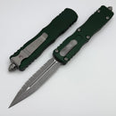 Microtech Dirac Delta D/E Full Serrated Apocalyptic w/ Emerald Green Handle 227-12APEG