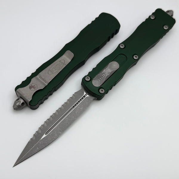 Microtech Dirac Delta D/E Full Serrated Apocalyptic w/ Emerald Green H
