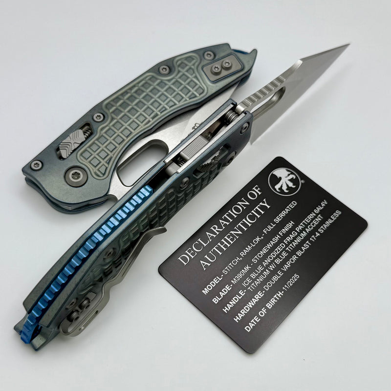 Microtech Marfione Select Manual Stitch RAM LOK Ice Blue Titanium Frag Handles & Full Serrated Stonewash M390MK w/ Double Vapor Blast/Blue Accents 169RL-12FRMS6