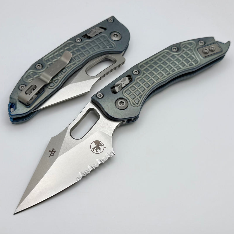 Microtech Marfione Select Manual Stitch RAM LOK Ice Blue Titanium Frag Handles & Part Serrated Stonewash M390MK w/ Double Vapor Blast/Blue Accents 169RL-11FRMS6