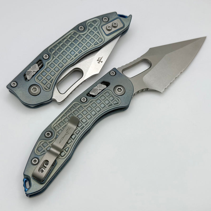 Microtech Marfione Select Manual Stitch RAM LOK Ice Blue Titanium Frag Handles & Part Serrated Stonewash M390MK w/ Double Vapor Blast/Blue Accents 169RL-11FRMS6
