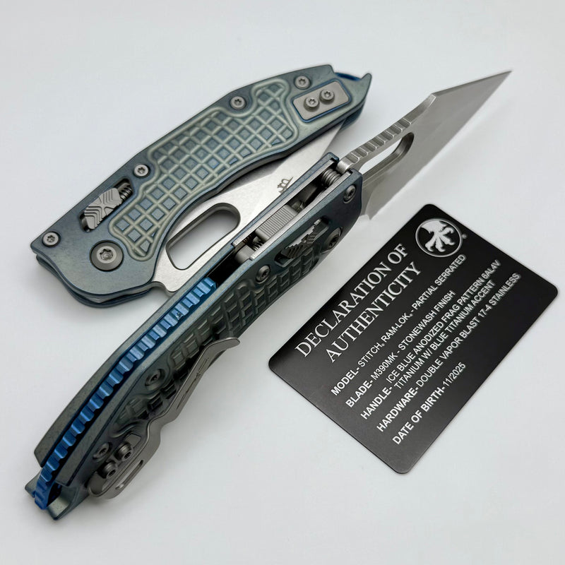 Microtech Marfione Select Manual Stitch RAM LOK Ice Blue Titanium Frag Handles & Part Serrated Stonewash M390MK w/ Double Vapor Blast/Blue Accents 169RL-11FRMS6