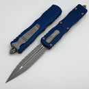 Microtech Dirac Delta D/E Full Serrated Apocalyptic w/ Navy Blue Handle 227-12APNA