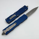 Microtech Dirac Delta D/E Full Serrated Apocalyptic w/ Navy Blue Handle 227-12APNA