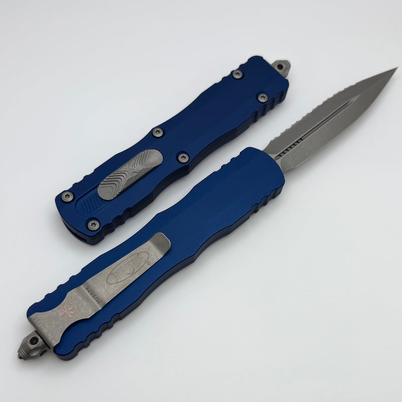 Microtech Dirac Delta D/E Full Serrated Apocalyptic w/ Navy Blue Handle 227-12APNA