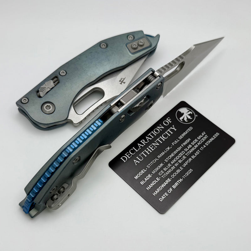 Microtech Marfione Select Manual Stitch RAM LOK Ice Blue Titanium Handles & Stonewash Full Serrated M390MK w/ Double Vapor Blast/Blue Accents 169RL-12MS6