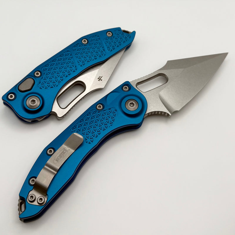 Microtech Borka Stitch Single Edge Stonewash Standard w/ Blue Handles 169-10BL