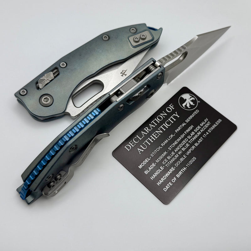 Microtech Marfione Select Manual Stitch RAM LOK Ice Blue Titanium Handles & Stonewash Part Serrated M390MK w/ Double Vapor Blast/Blue Accents 169RL-11MS6