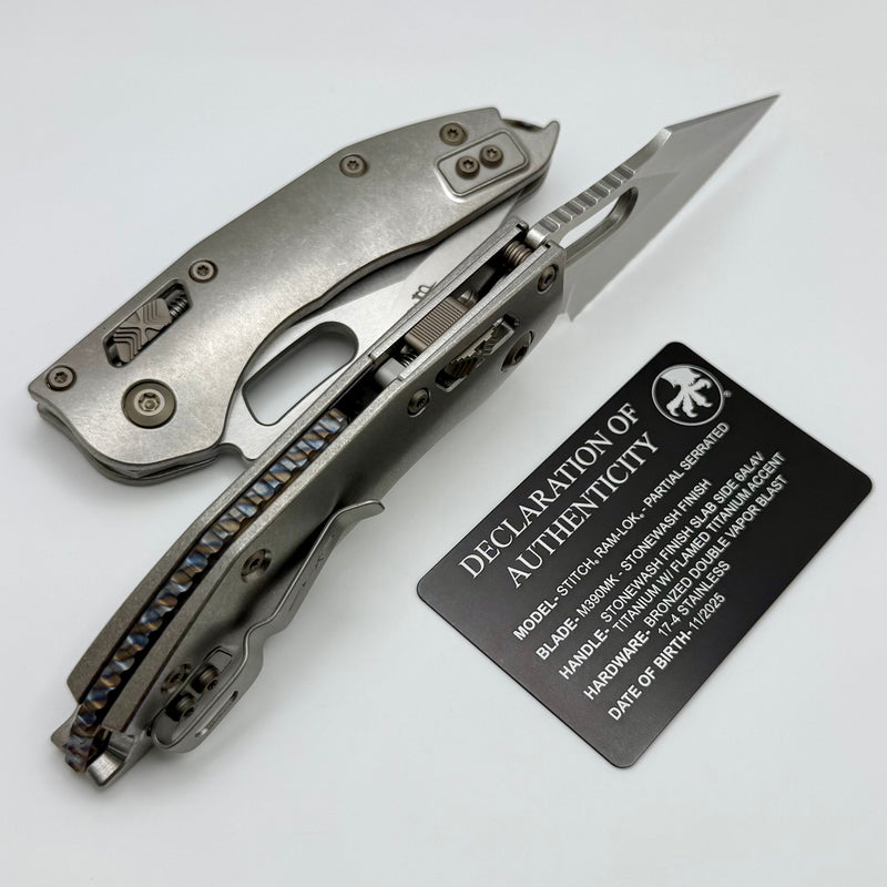 Microtech Marfione Select Manual Stitch RAM LOK Titanium Handles & Part Serrated Stonewash M390MK w/ Double Vapor Blast & Flamed Accents 169RL-11MS4