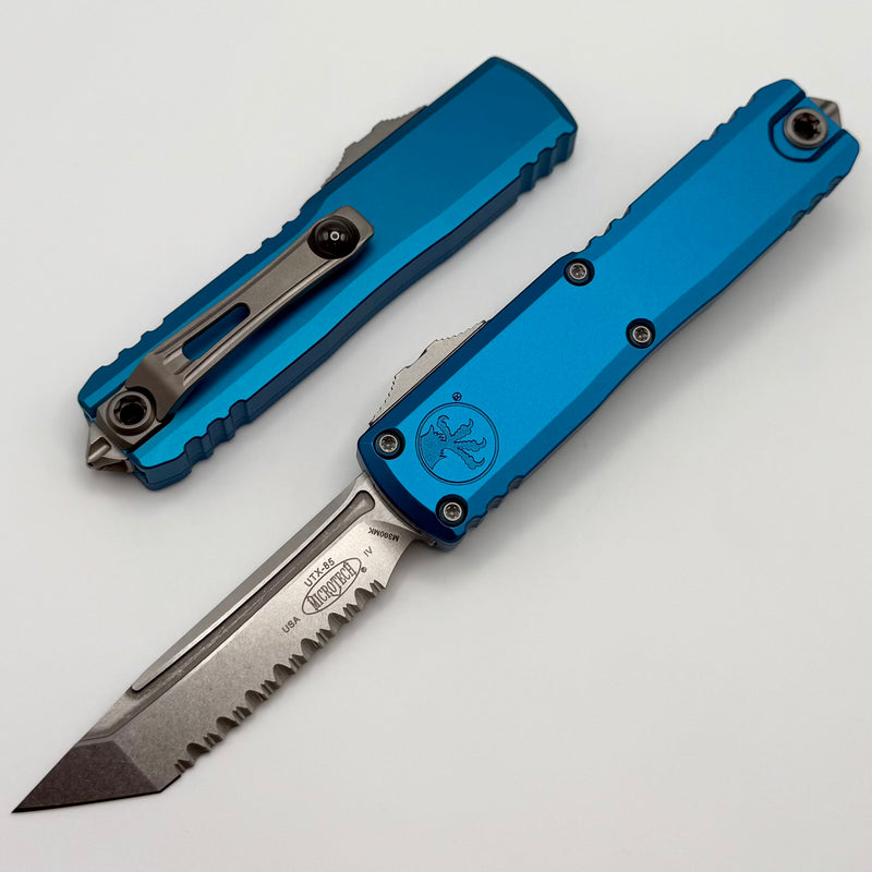 Microtech UTX-85 Gen IV w/ Blue Handle & Stonewash Full Serrated T/E M390MK 12334-12BL