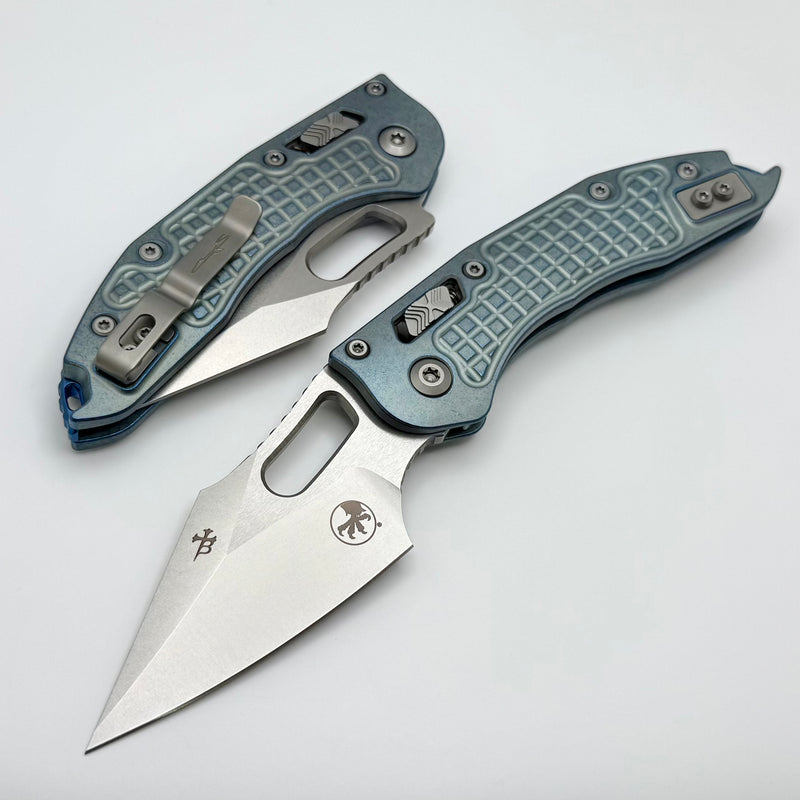 Microtech Marfione Select Manual Stitch RAM LOK Ice Blue Frag Titanium Handles & Stonewash M390MK w/ Double Vapor Blast & Blue Accents 169RL-10FRMS6