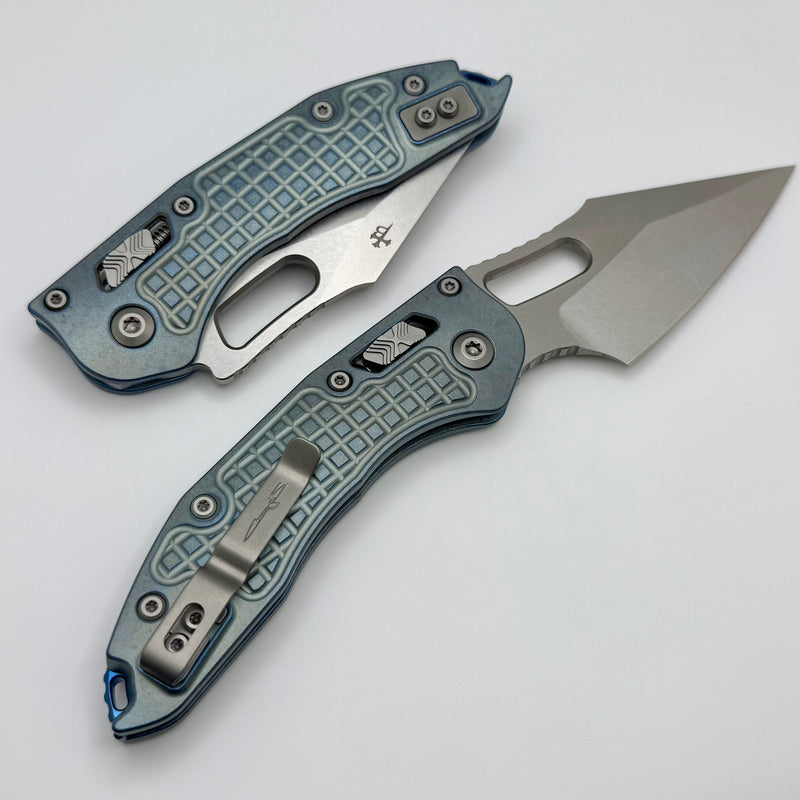 Microtech Marfione Select Manual Stitch RAM LOK Ice Blue Frag Titanium Handles & Stonewash M390MK w/ Double Vapor Blast & Blue Accents 169RL-10FRMS6