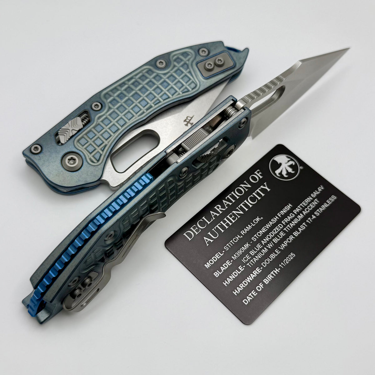 TM ♡ RAM 4/10 Microtech Marfione Select Manual Stitch RAM LOK Ice Blue Frag Titanium