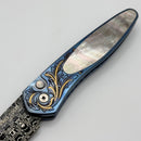 Pro-Tech Newport Blue Ti Hand Engraved Handles w/ Mother of Pearl Button & Black Lip Pearl Inlay w/ Vegas Forge Damascus 2025 Ultimate Custom